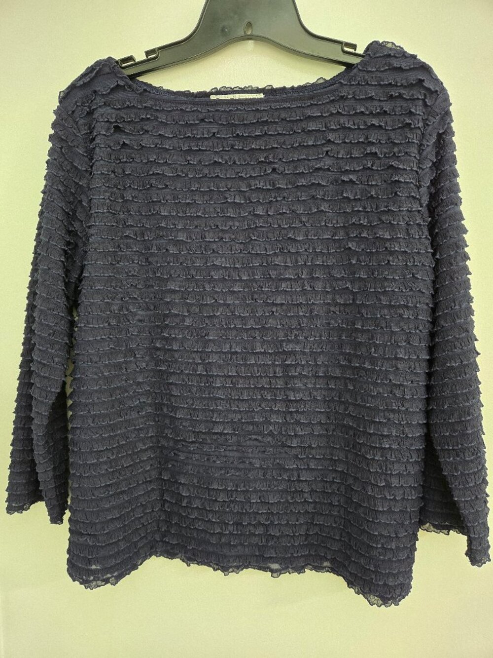 Andria Lieu Collection Navy Blue Ruffle Blouse Size XL Made in USA Long Sleeve